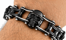 Load image into Gallery viewer, 16mm Black &amp; Silver, Black Skulls Bike Chain Bracelet Double Link Men's Stainless Steel SB75