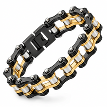 Load image into Gallery viewer, 16mm Black, Gold &amp; Silver Bike Chain Bracelet Double Link Men's Biker Stainless Steel SB78