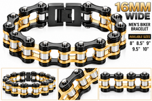 Load image into Gallery viewer, 16mm Black, Gold &amp; Silver Bike Chain Bracelet Double Link Men's Biker Stainless Steel SB78