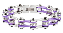 Load image into Gallery viewer, Ladies 10mm Silver &amp; Violet Bling Bike Chain Bracelet Stainless Steel SB79