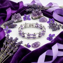 Load image into Gallery viewer, Ladies 10mm Silver &amp; Violet Bling Bike Chain Bracelet Stainless Steel SB79