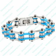 Load image into Gallery viewer, Ladies 10mm Silver &amp; Turquoise Bling Bike Chain Bracelet Stainless Steel SB80