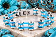 Load image into Gallery viewer, Ladies 10mm Silver &amp; Turquoise Bling Bike Chain Bracelet Stainless Steel SB80