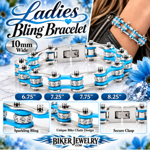 Load image into Gallery viewer, Ladies 10mm Silver &amp; Turquoise Bling Bike Chain Bracelet Stainless Steel SB80