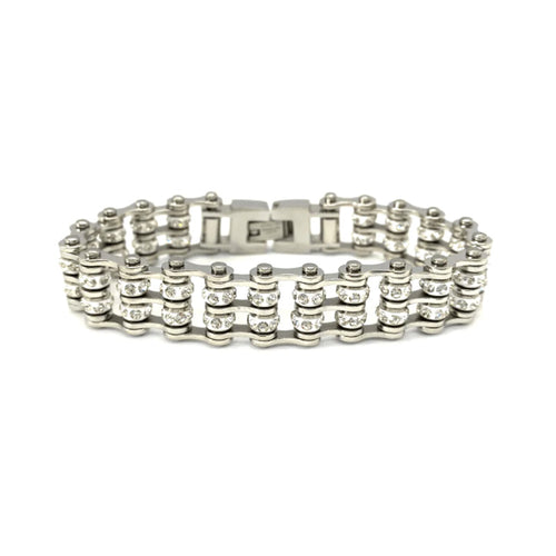 Ladies Stainless Steel Bling Motorcycle Tennis Bracelet with Two Rows of Crystals SB82