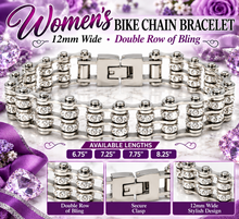 Load image into Gallery viewer, Ladies 12mm All Silver, Triple Row &amp; Double Bling Bike Chain Bracelet Stainless Steel SB82