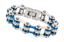 Load image into Gallery viewer, Ladies 10mm Silver, Electric Blue &amp; Bling Bike Chain Bracelet Stainless Steel SB83