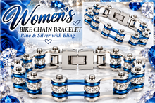 Load image into Gallery viewer, Ladies 10mm Silver, Electric Blue &amp; Bling Bike Chain Bracelet Stainless Steel SB83