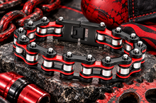 Load image into Gallery viewer, 16mm Black, Red &amp; Silver Bike Chain Bracelet Double Link Firefighter's Stainless Steel SB87