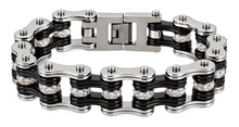 Load image into Gallery viewer, 16mm Silver, Black &amp; Bling Bike Chain Bracelet Double Link Men's Biker Stainless Steel SB88