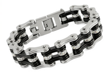 Load image into Gallery viewer, 16mm Silver, Black &amp; Bling Bike Chain Bracelet Double Link Men's Biker Stainless Steel SB88