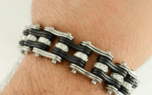 Biker Jewelry Men's Motorcycle Bike Chain Biker Bracelet Stainless Steel Silver & Black SB88