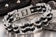 Load image into Gallery viewer, 16mm Silver, Black &amp; Bling Bike Chain Bracelet Double Link Men's Biker Stainless Steel SB88