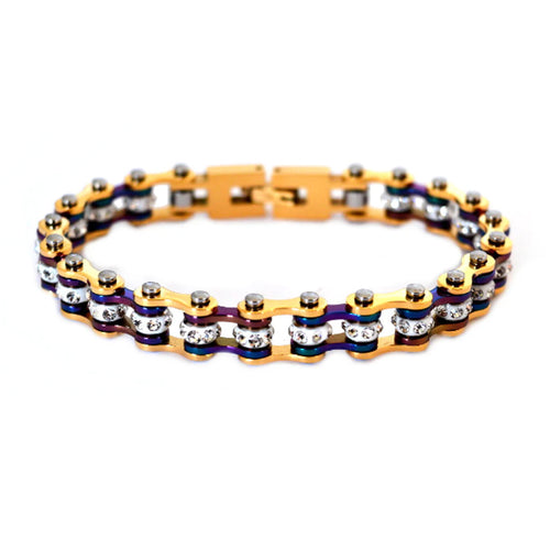 Ladies Stainless Steel Gold & Multi Rainbow Colors Motorcycle Biker Tennis Bracelet SB93
