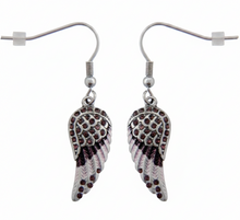 Load image into Gallery viewer, Biker Jewelry Ladies Bling Purple Wings French Wire Mini Earrings Stainless Steel SE10