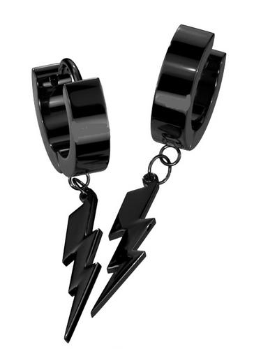 Biker Jewelry Stainless Steel Black Hoop Dangling Lightning Bolt Earrings Black
