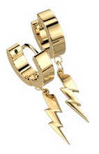 Load image into Gallery viewer, Biker Jewelry Stainless Steel Hinged Hoop Dangling Lightning Bolt Earrings Gold tone