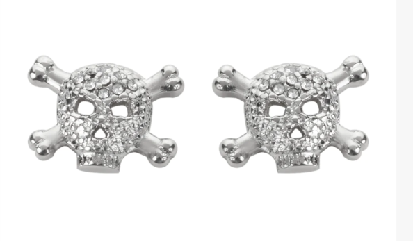 Biker Jewelry Large Ladies Bling Mini Skull & Crossbones Post & Nut Earrings Stainless Steel