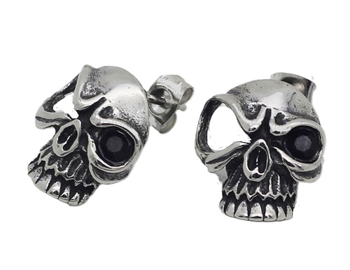 Men or Women Skull with Black Eye Stainless Steel Post Earrings