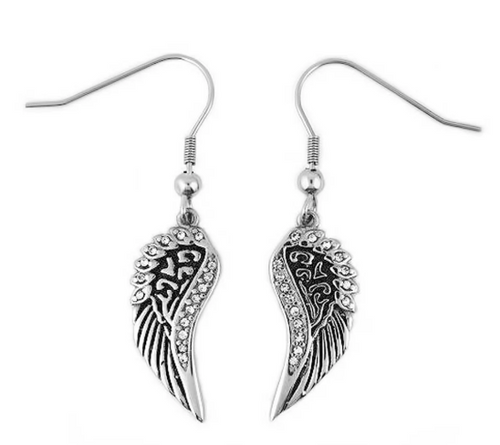 Biker Jewelry Ladies Bling Angel Wing French Wire Earrings Stainless Steel SE24