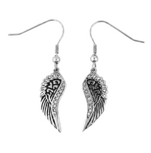 Load image into Gallery viewer, Black &amp; Bling Angel Wing Dangle Earrings French Wires Stainless Steel SE24