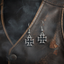 Load image into Gallery viewer, Black Iron Cross Dangle Earrings Unisex French Wire Stainless Steel SE31