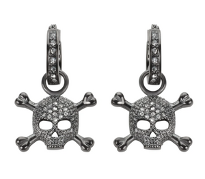 Biker Jewelry Ladies Black Bling Skull & Crossbones Hoop Earrings Stainless Steel
