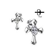 Biker Jewelry Stainless Steel Religious Cross Marquise CZ Earrings SE3