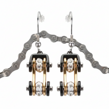 Load image into Gallery viewer, Lg. Black &amp; Gold Bling Bike Chain Dangle Earrings Unisex French Wires Stainless Steel SE41