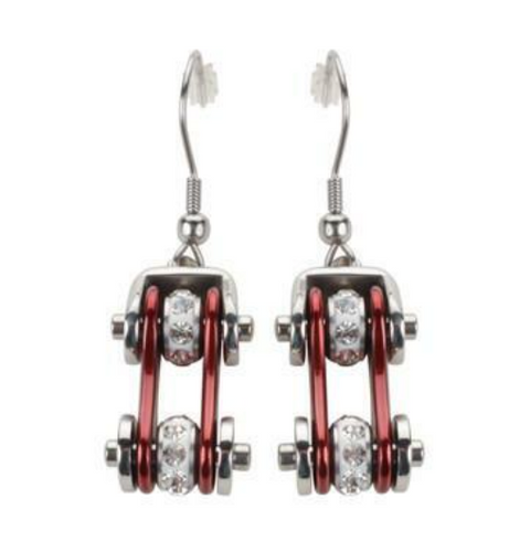 Biker Jewelry Ladies Motorcycle Bike Chain Earrings Stainless Steel Chrome / Candy Red