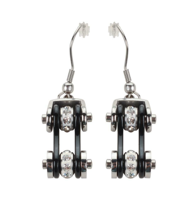 Biker Jewelry Ladies Motorcycle Bike Chain Earrings Stainless Steel Chrome/Black