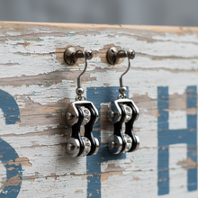 Load image into Gallery viewer, Lg. Silver/Black Bling Bike Chain Dangle Earrings Unisex French Wires Stainless Steel SE44