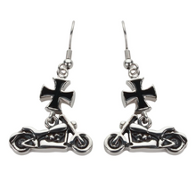Load image into Gallery viewer, Ladies Motorcycle &amp; Black Iron Cross French Wire Earrings Stainless Steel