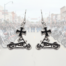 Load image into Gallery viewer, Motorcycle &amp; Black Iron Cross Dangle Earrings Unisex French Wire Stainless Steel SE45