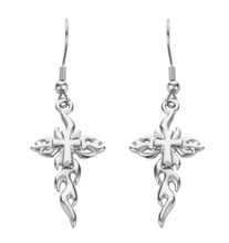 Load image into Gallery viewer, Biker Jewelry Ladies Flaming Cross French Wire Earrings Stainless Steel Religious Jewelry