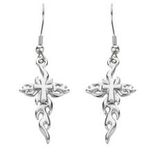 Load image into Gallery viewer, Flaming Cross Dangle Earrings Unisex French Wire Stainless Steel Religious Jewelry SE49
