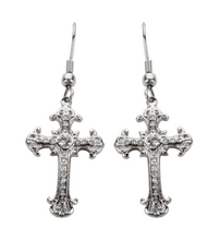 Load image into Gallery viewer, Biker Jewelry Ladies Bling Cross French Wire Earrings Stainless Steel Religious Jewelry