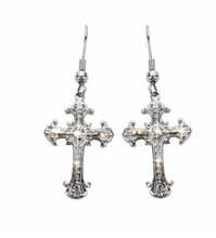 Load image into Gallery viewer, Biker Jewelry Ladies Bling Cross French Wire Earrings Stainless Steel Religious Jewelry SE4