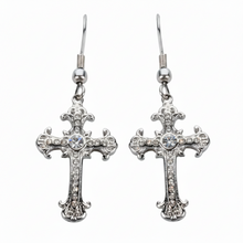 Load image into Gallery viewer, Biker Jewelry Ladies Bling Cross French Wire Earrings Stainless Steel Religious Jewelry SE4