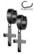 Biker Jewelry Stainless Steel Hinged Hoop Dangling Religious Cross Earrings Black SE5B