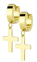 Load image into Gallery viewer, Biker Jewelry Stainless Steel Hinged Hoop Dangling Religious Cross Earrings Gold Tone