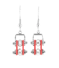 Load image into Gallery viewer, Biker Jewelry Ladies Motorcycle Mini Bike Chain Earrings Stainless Steel Chrome &amp; Red