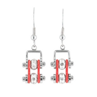 Biker Jewelry Ladies Motorcycle Mini Bike Chain Earrings Stainless Steel Chrome & Red SE50