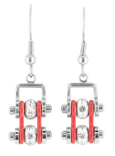 Load image into Gallery viewer, Ladies Silver/Red Bling Mini Bike Chain Dangle Earrings Stainless Steel SE50