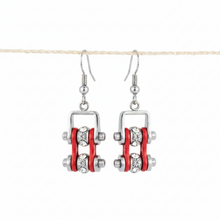 Load image into Gallery viewer, Ladies Silver/Red Bling Mini Bike Chain Dangle Earrings Stainless Steel SE50