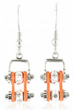 Load image into Gallery viewer, Ladies Silver/Orange Bling Mini Bike Chain Dangle Earrings French Wires Stainless Steel SE52