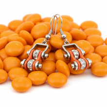 Load image into Gallery viewer, Ladies Silver/Orange Bling Mini Bike Chain Dangle Earrings French Wires Stainless Steel SE52