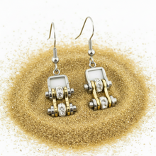 Load image into Gallery viewer, Ladies Silver/Gold Bling Mini Bike Chain Dangle Earrings Stainless Steel SE53