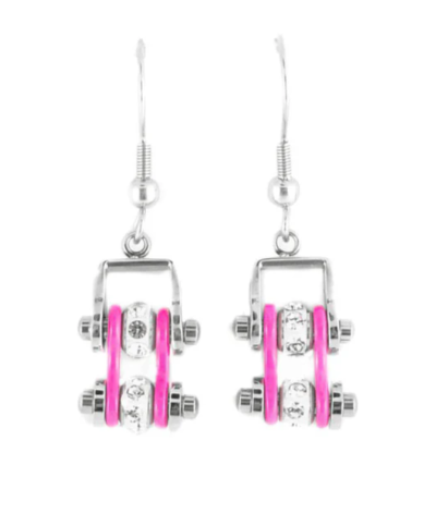 Biker Jewelry Ladies Motorcycle Bike Chain Earrings Stainless Steel Chrome & Pink SE54