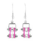Biker Jewelry Ladies Motorcycle Bike Chain Earrings Stainless Steel Chrome & Pink SE54